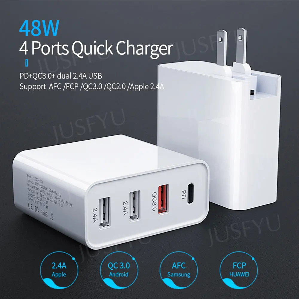 48W 4 Port Quick Charger PD USB Charger For iPhone 14 13 12 Xiaomi Samsung Tablet QC 3.0 Fast Wall Charger EU UK AU Plug Adapter