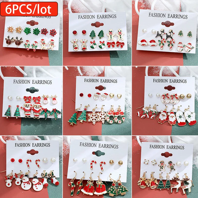 

6PCS/lot New Fashion Christmas Earrings Women Crystal Alloy Stud Pearl Tassel Snowflake Snowman Tree Earrings Jewelry Party