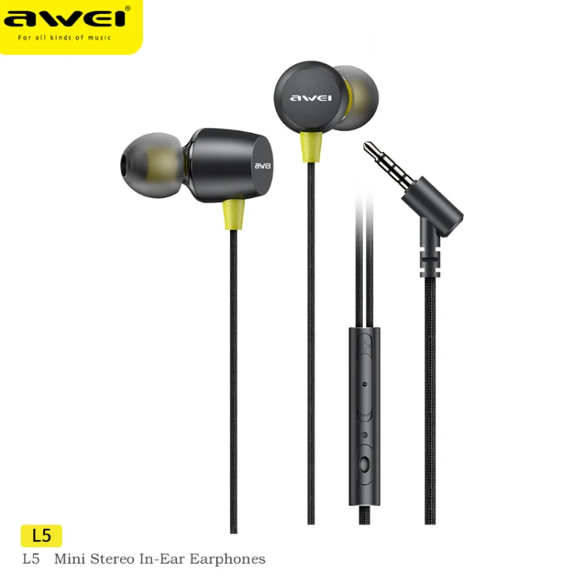 

Awei L5/L6 3.5mm Wired Headphones In Ear Sports Headset Wired Earphones with Mic Bass Stereo Earbuds Line Control For Phones