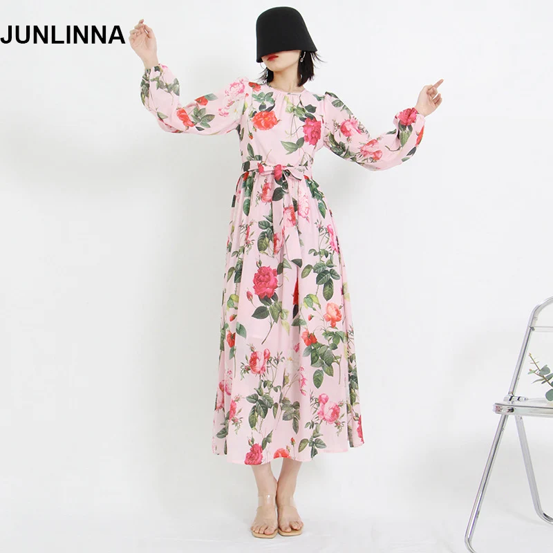 

JUNLINNA Spring Autumn Women Long Dresses O-Neck Long Sleeve Elegant Printing Party Holiday Vestidos Sashes Sliming
