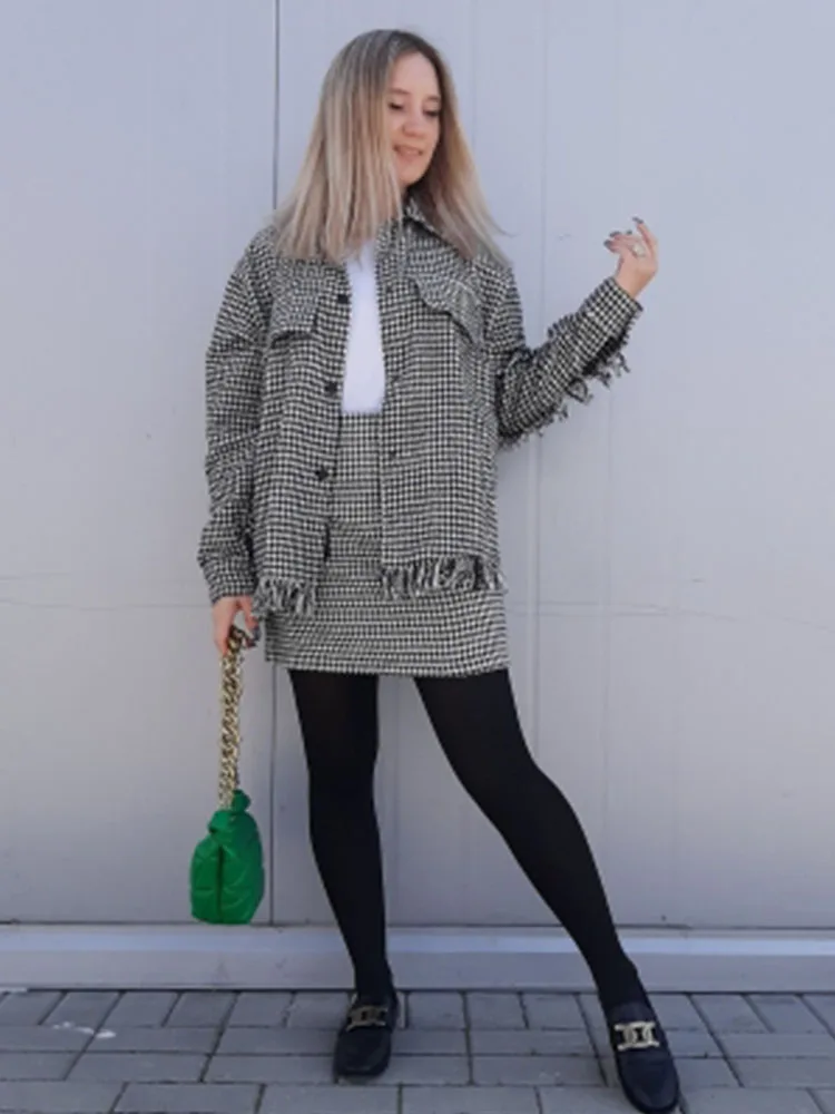 Women's Shirts JacKets Loose Blouses Femme Plaid Long Sleeves Houndstooth Spring Outwear Workwear New Design Mujer Blusas TRF