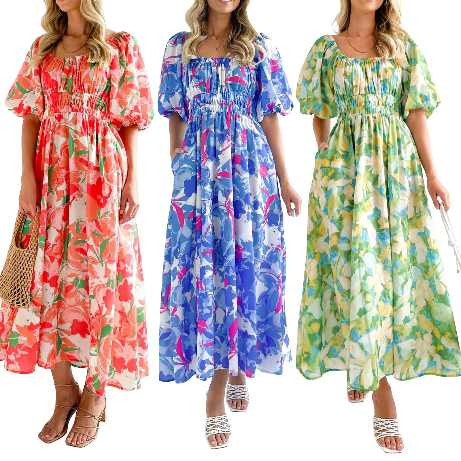 

Women's Summer Floral Print Dress Short Puff Sleeve Ruched Bust A-Line Long Dress Smocked Dress with Pockets