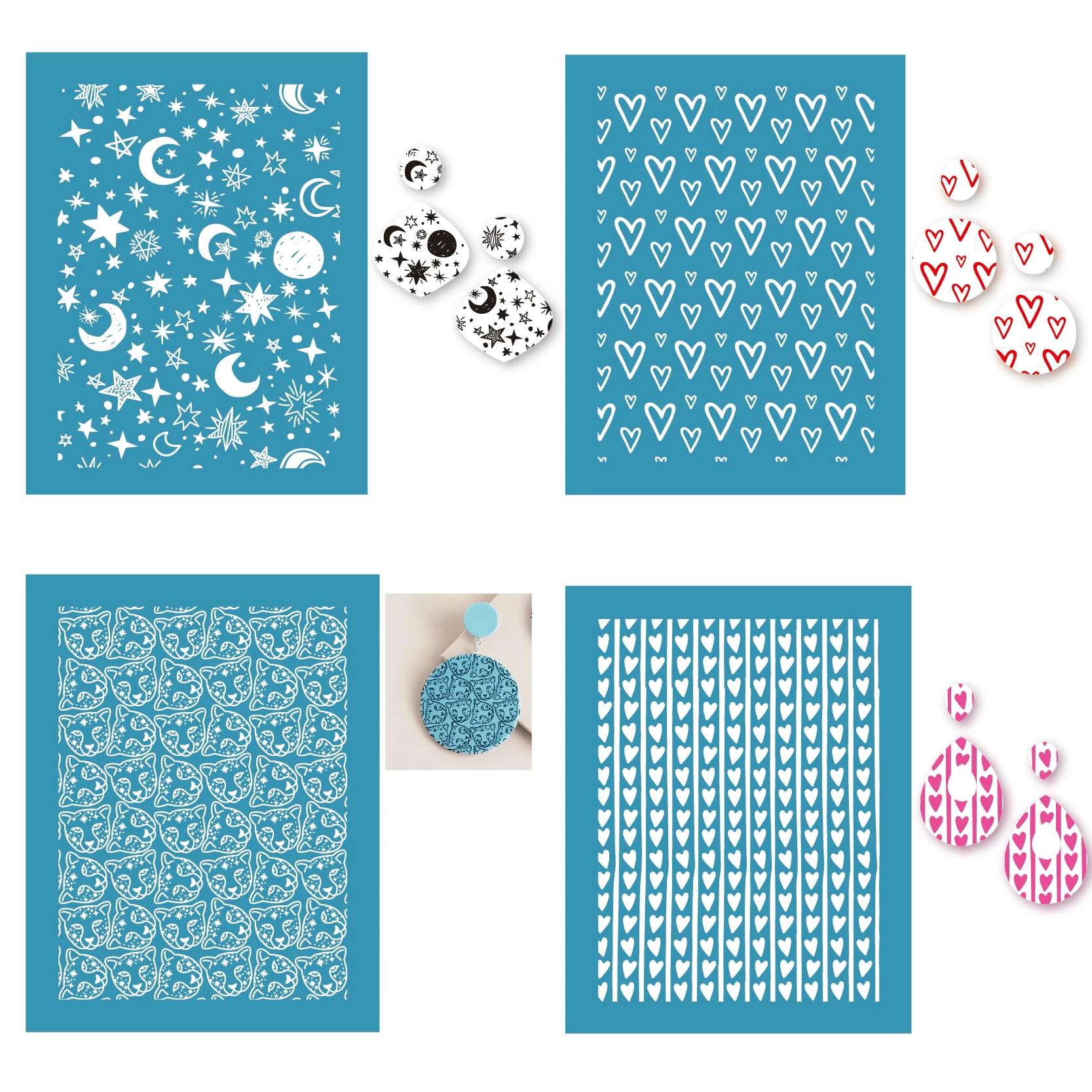 

4Styles Valentine Silk Screen Stencils for Polymer Clay Reusable Silkscreen Print Kit Mesh Transfer DIY Crafts Printing Jewelry