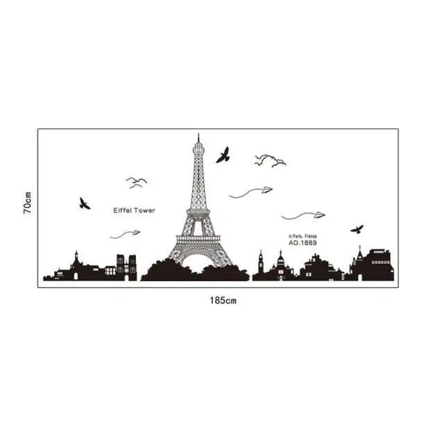 Стильные черные настенные наклейки с изображением Парижской башни и города 60*90