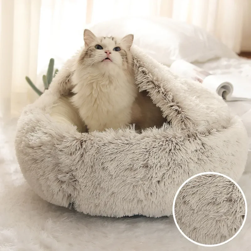 

Winter Long Plush Pet Cat Bed Round Cat Cushion Cat House 2 In 1 Warm Cat Basket Cat Sleep Bag Cat Nest Kennel For Small Dog Cat