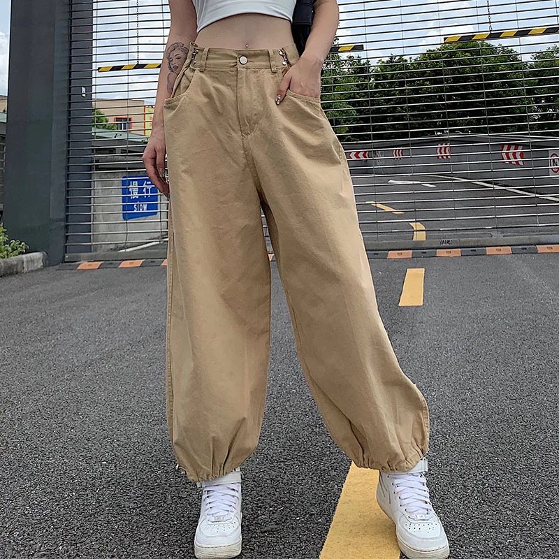 

Fashion Y2K Fashion Khaki Oversized Cargo Pants Hip Hop Style Loosed Adjustable Waist Drawstring Long Pant Streetwear 90s Autumn