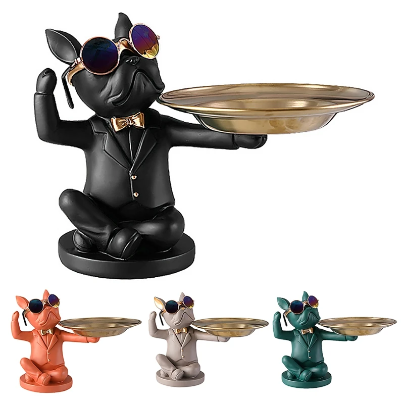 

New Home Living Room Decor Glasses Bulldog Sculpture Animal Figurines Ornament Statue Table Decoration Bulldog Fruit Dish