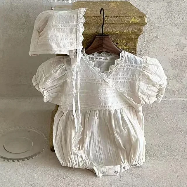 

Infant and children's clothing lace princess romper jumpsuit one-piece Japanese slanted puff sleeve top sister clothing