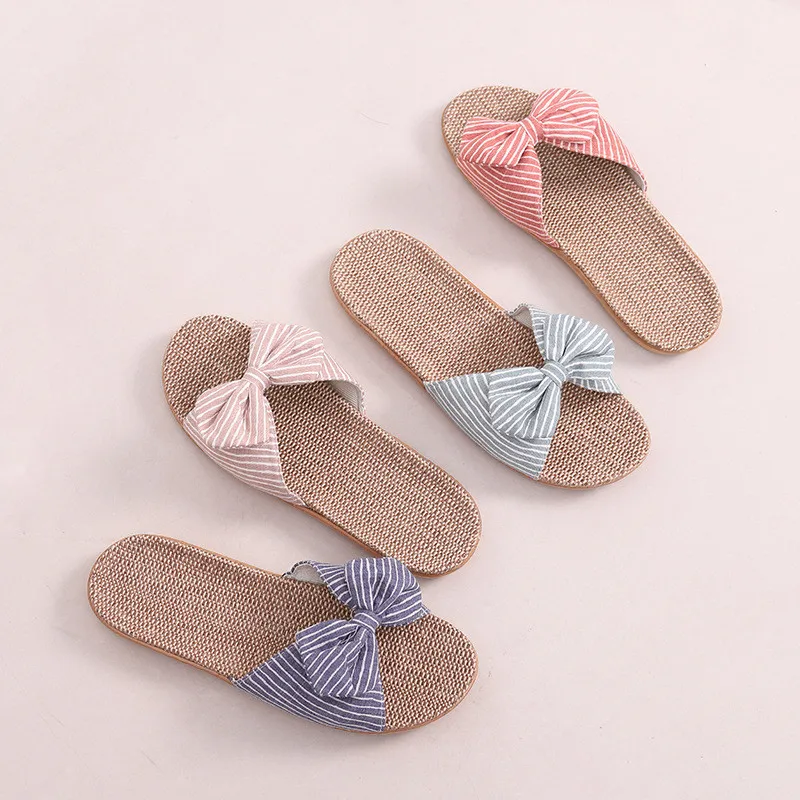 

2022 Women Slippers Breathable Linen Slippers Sweet Bow Casual Flat Slides Girls Non-slip Indoor Home Shoes Ladies Sandals