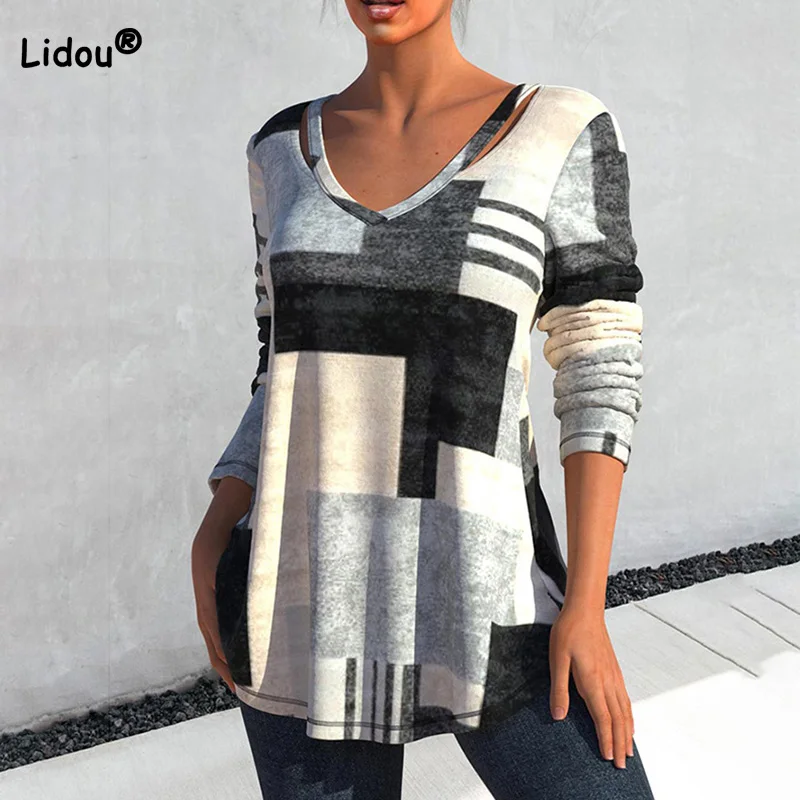 

Spring Autumn for Clothes New Hollow Out V-Neck Women's T-Shirt Fashion 3D Printing Loose-fitting Long Sleeve Pullover Tops