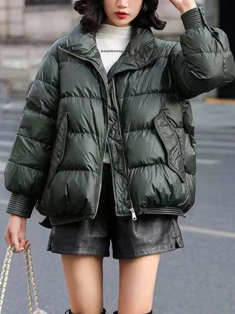 

Ailegogo Winter Women Thick Warm Stand Collar 90% White Duck Down Jacket Casual Female Solid Color Loose Short Down Coat Outwear