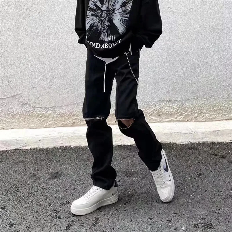 2022 Vibe Style Knee Zipper Hip Hop Men Slim Jeans Trousers Dark Streetwear Simple Design Y2K Casual Long Pants Goth Moda Hombre