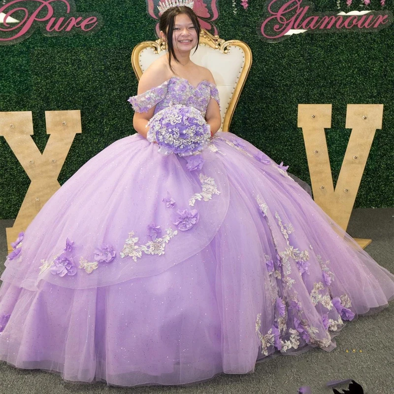 

ANGELSBRIDEP Lavender Quinceanera Dresses Tulle 3D Flowers Appliqued Shiny Beading Vestidos De Fiesta Fluffy Sweet 15 Ball Gown