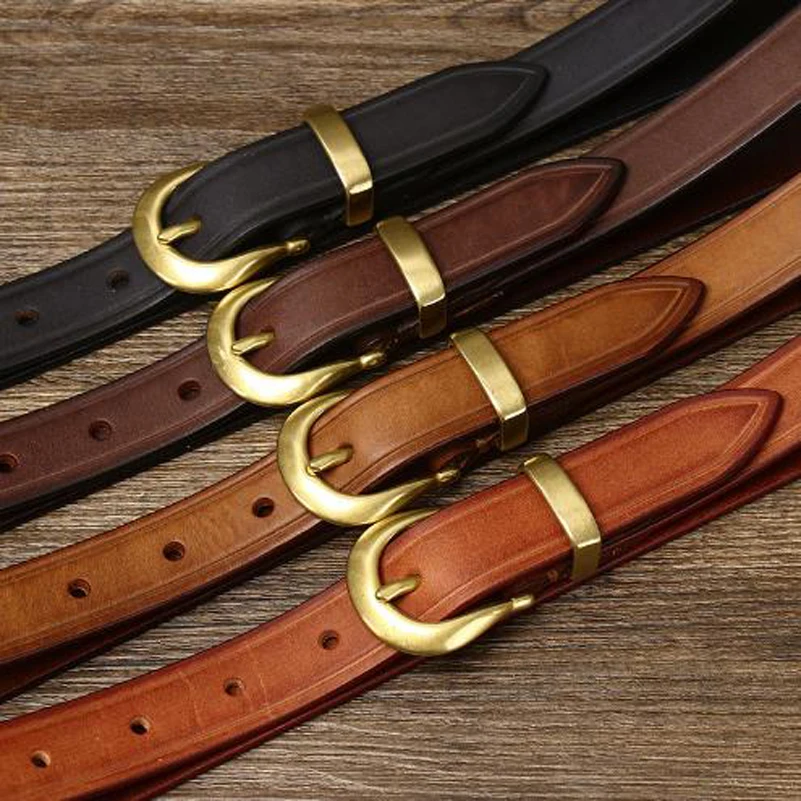 western Copper Pin Buckle Pants Real Genuine leather Women Thin Belt Retro Cow Leather Lady Belt