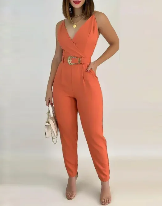 

Elegant Office Lady Overalls for Women 2022 Summer Sleeveless Women V-Neck Pocket Detail Cami Jumpsuit With Belt