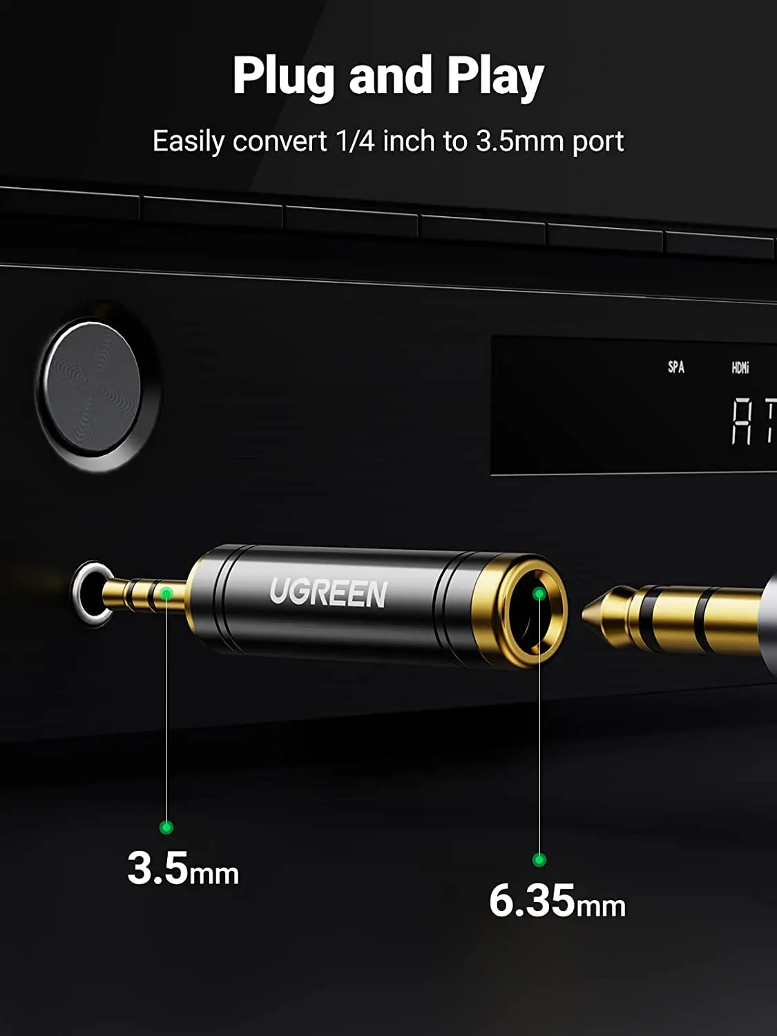 Фото Адаптер UGREEN 3,5 мм на 1/4 дюйма, переходник с 3,5 мм (1/8 дюйма) штекером на 6,35 мм (1/4 дюйма) аудиоразъем, конвертер для наушников и колонок №5