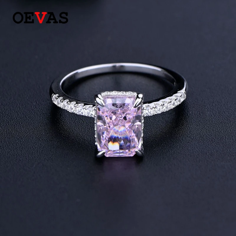 

OEVAS 100% 925 Sterling Silver Sparkling 7*10mm Pink High Carbon Diamond Wedding Rings For Women Party Fine Jewelry Wholesale