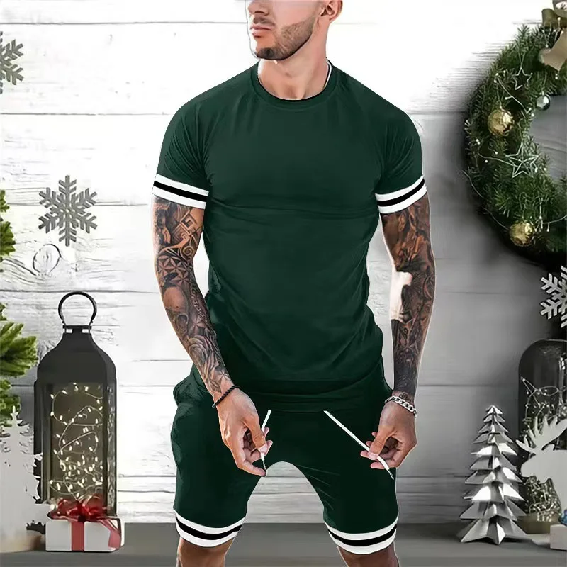 2023 summer men's suit stitching T-shirt + shorts 2 sets of casual breathable sportwear 3D printed fashion novel short-sleeved t