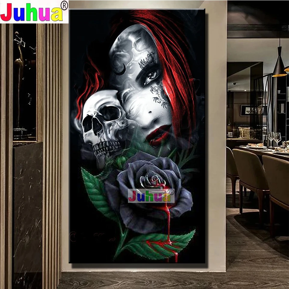 

Картина-пазл с вышивкой стразы, живопись с фантазией в готическом стиле с черной розой, 5d, полноразмерная мозаика