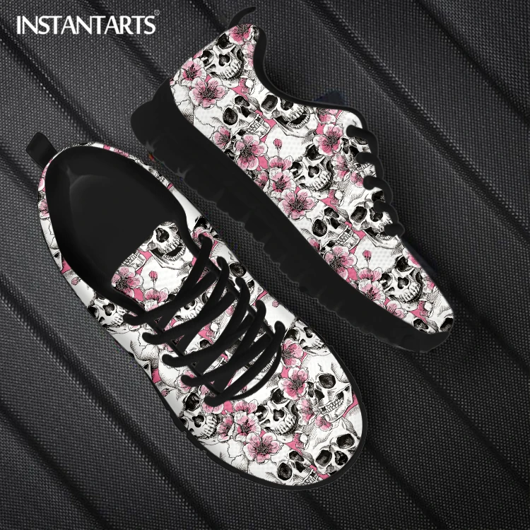 

INSTANTARTS Pretty Floral Skull 3D Printed Women Flat Shoes 2022 Lightweight Lace up Mesh Sneakers for Female Casual Sport Shoes