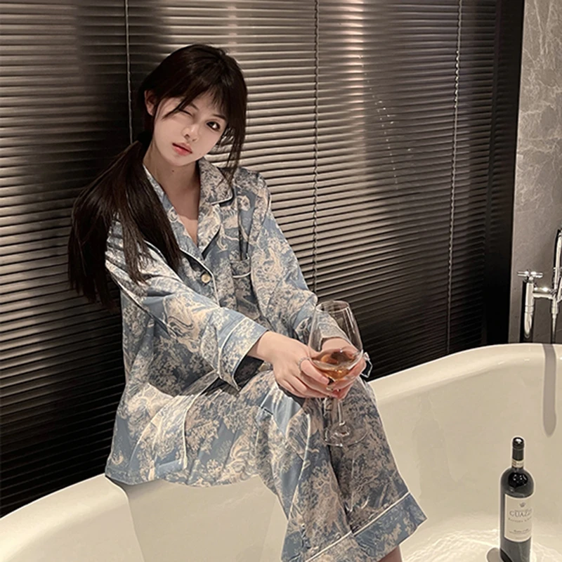 CAIYIER 2022 Lace Women's Silk Nightwear Long Sleeved Sexy Lingerie Sleepwear Fashion Female Winter Pajamas Set Night Clothes