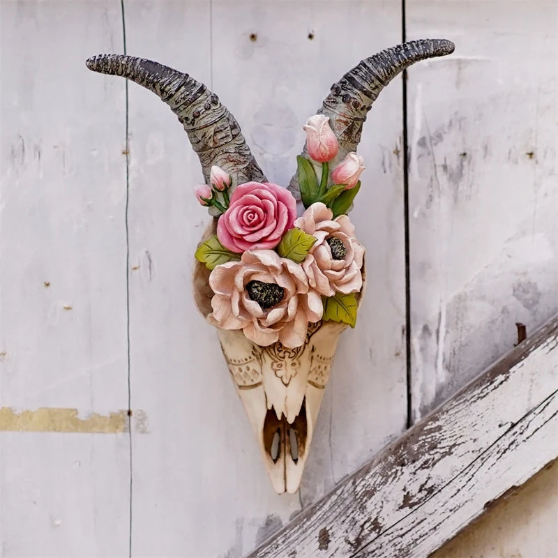 

Simulation Flower Goat Skull Indoor Wall Hanging Decor Resin 3D Animal Sculpture Figurines Artwork Props Crafts Ornament X3UC