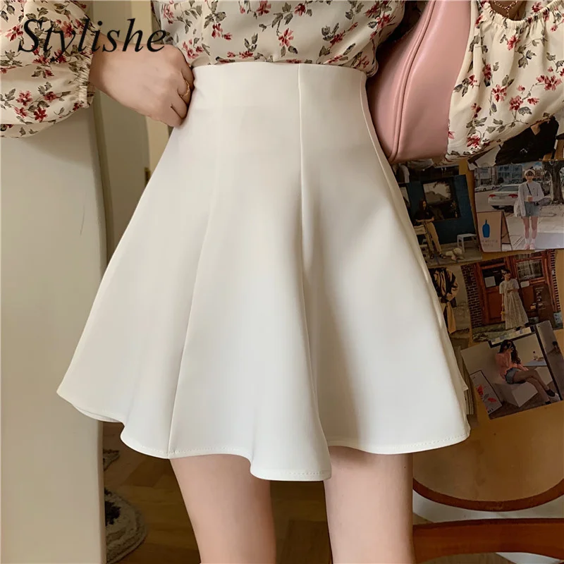

Женская белая юбка с высокой талией, черная трапециевидная юбка, летняя корейская модная Милая юбка на молнии с оборками, розовые, Желтые мини-юбки для девочек на весну