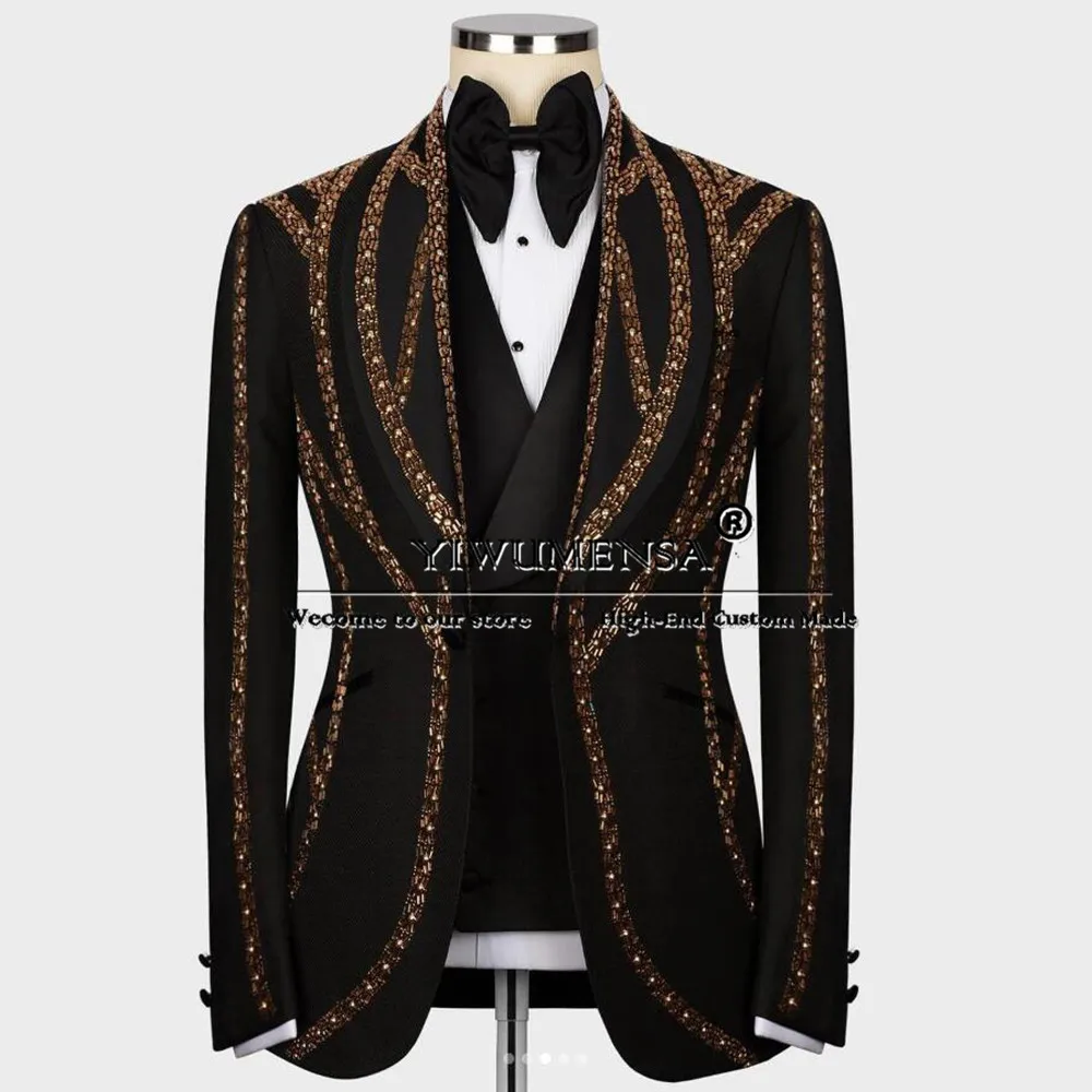 y męskie Goldern Stone Diamond Suits Shawl Lapel Jacket Vest Pants 3-Pieces Formal Party Groom Wedding Tuxedo Costume Homme Luxe 2024
