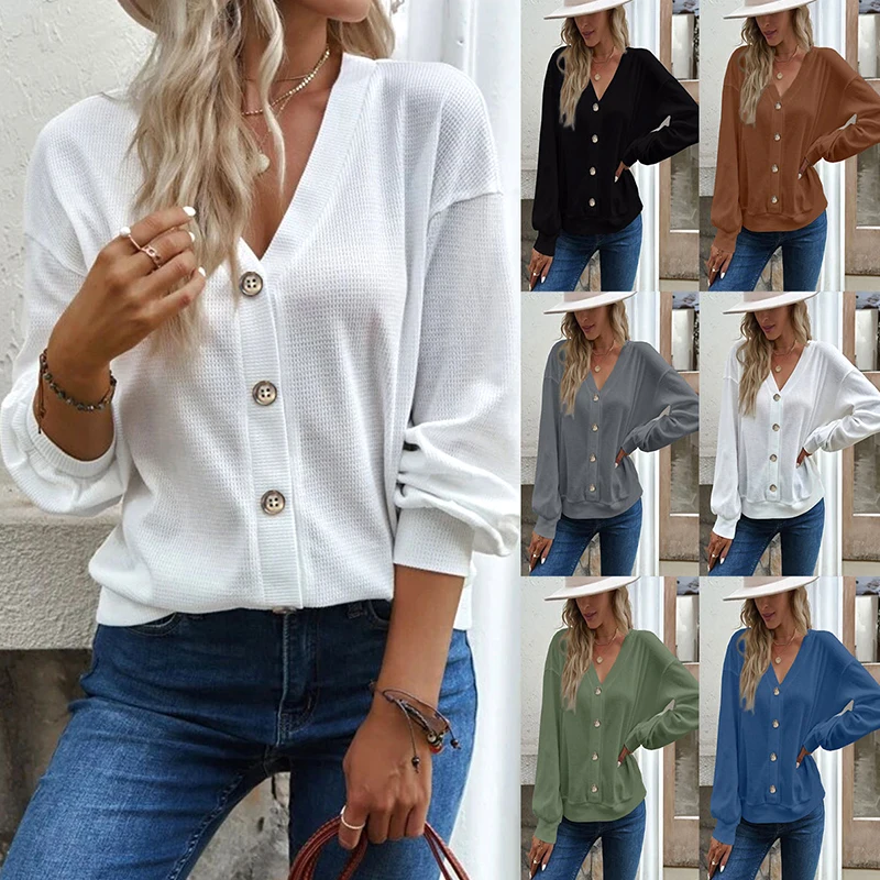 

Casual V-neck Tshirt Fashion Solid Button Tops Harajuku Long Sleeves Shirts For Women Loose Fitting Top Tees Women Clothes 2023