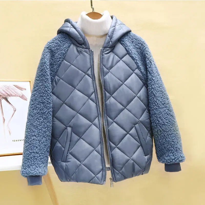 WYWMY Thin Light Down Jacket Parkas Female Short Coat Autumn Winter Women's Jackets Hooded Loose Imitation Lamb Wool Cotton Coat