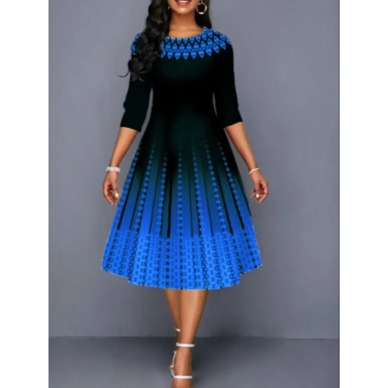 

Women Clothing 2023 Summer Office Lady O Neck Slim Half Sleeve Floral Printing Party Dresses Vintage Midi Dress Robe Femme