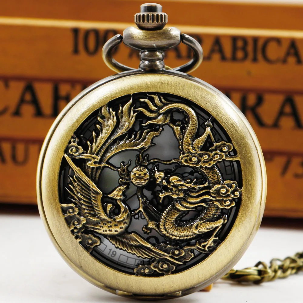 

Классические винтажные карманные часы из металлического сплава с 3D драконом, антикварные часы в стиле стимпанк, скелетоны, полые Кварцевые часы с цепочкой-брелком для мужчин и женщин