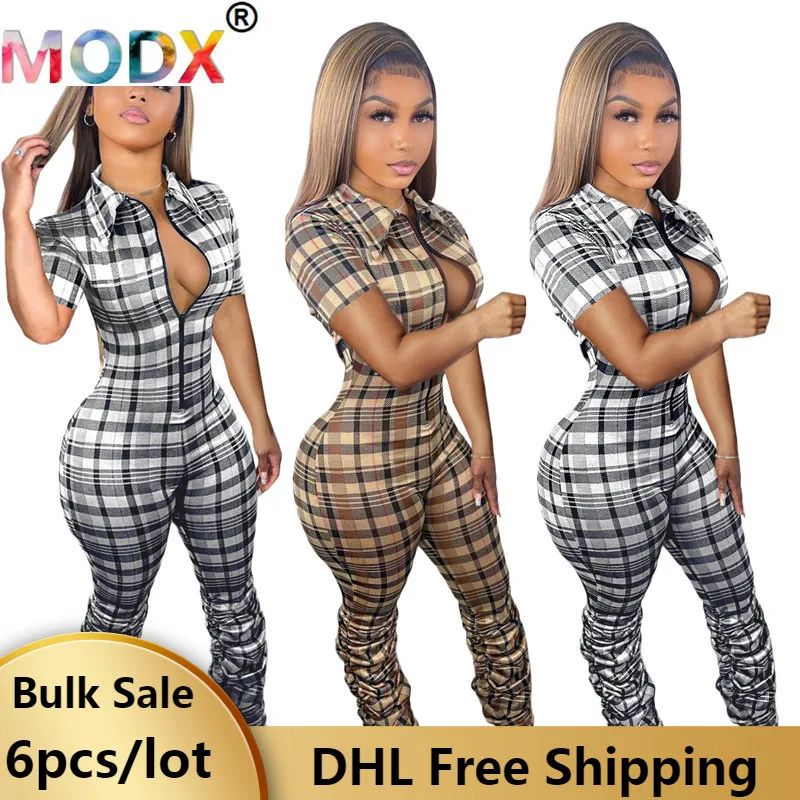 

BULK Spring Plaid Print Women Jumpsuits Short Sleeve Bodycon Bodysuit One Piece Outfits Stacked Pants Fashion Jumper Suit 7001
