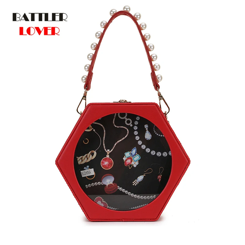 

Fashion Hexagon Box Style Pearl Handle Transparent Party Handbag For Women Shoulder Clutch Bag Lady Crossbody Mini Messenger Bag