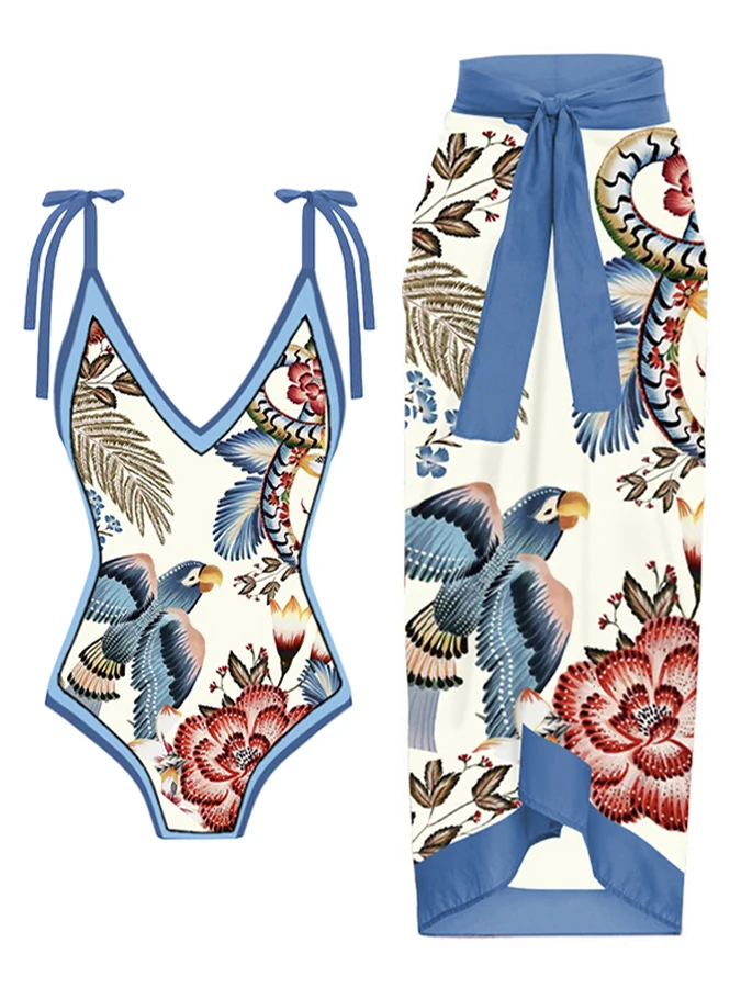 Купи Fashion New Vintage Bird Deep V Print One Piece Swimsuit 2023 Sexy Comfortable High Quality Beachwear Bikini And Cover Up за 939 рублей в магазине AliExpress