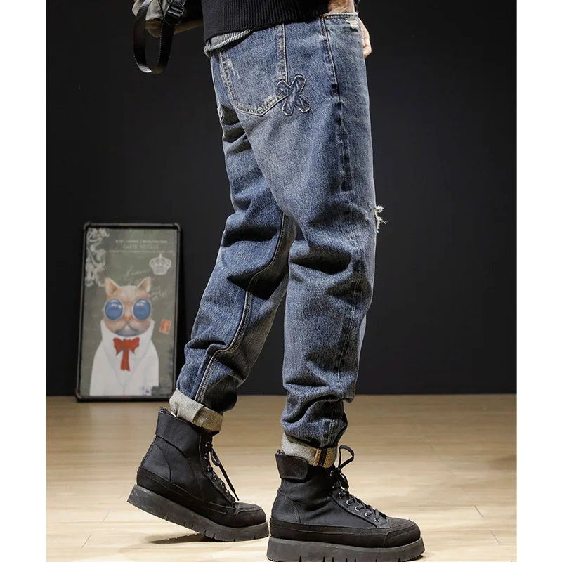 Men Clothing New Straight Loose Cylinder Plus Size Jeans Vintage Comfortable Navy Blue Harun Trousers Women Autumn and Winter
