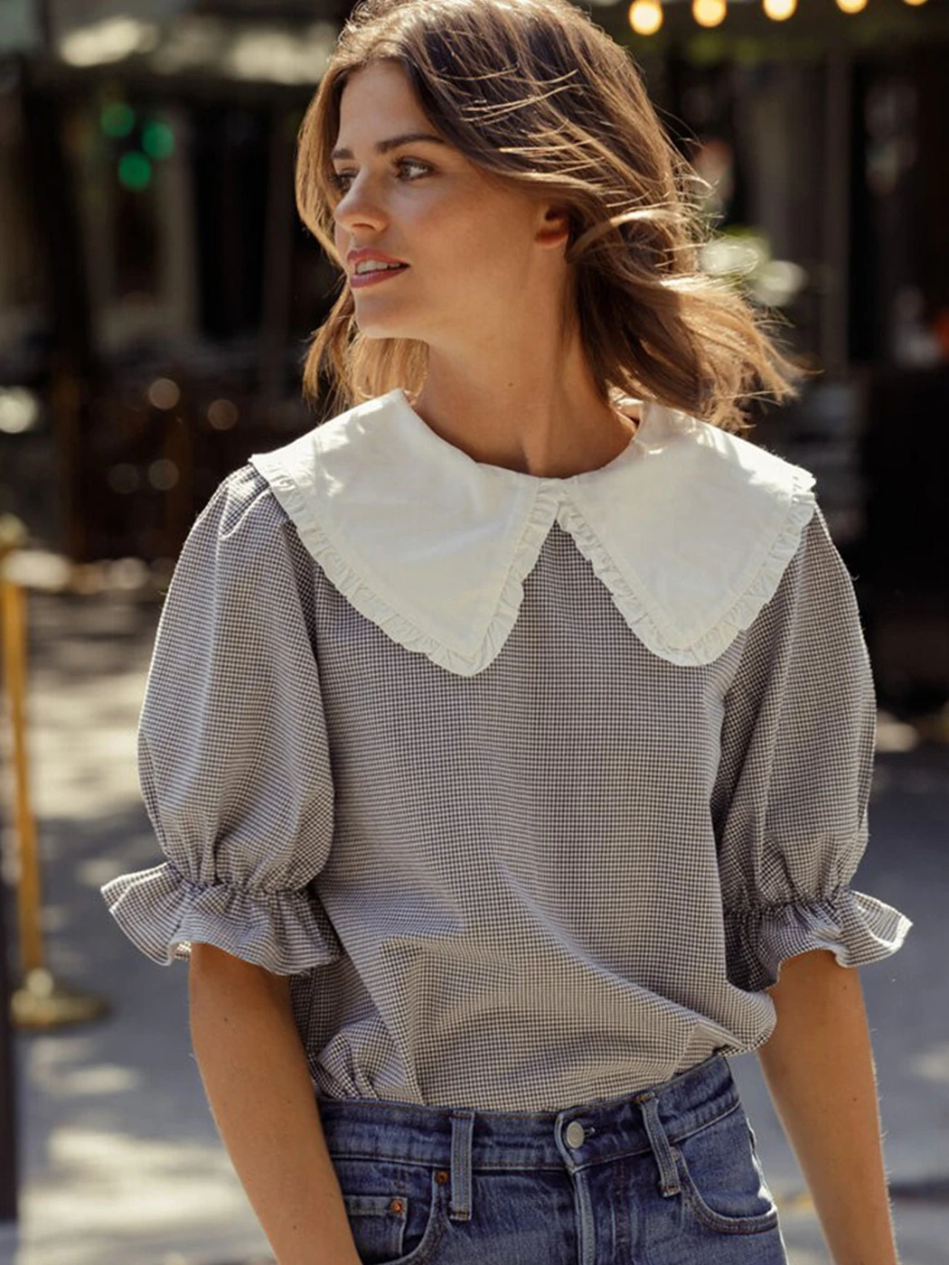 

French Sweet Plaid Shirt Top Women Doll Collar Puff Short Sleeve Button Casual Cardigan Tops Vintage Elegant Summer Blouses 2022