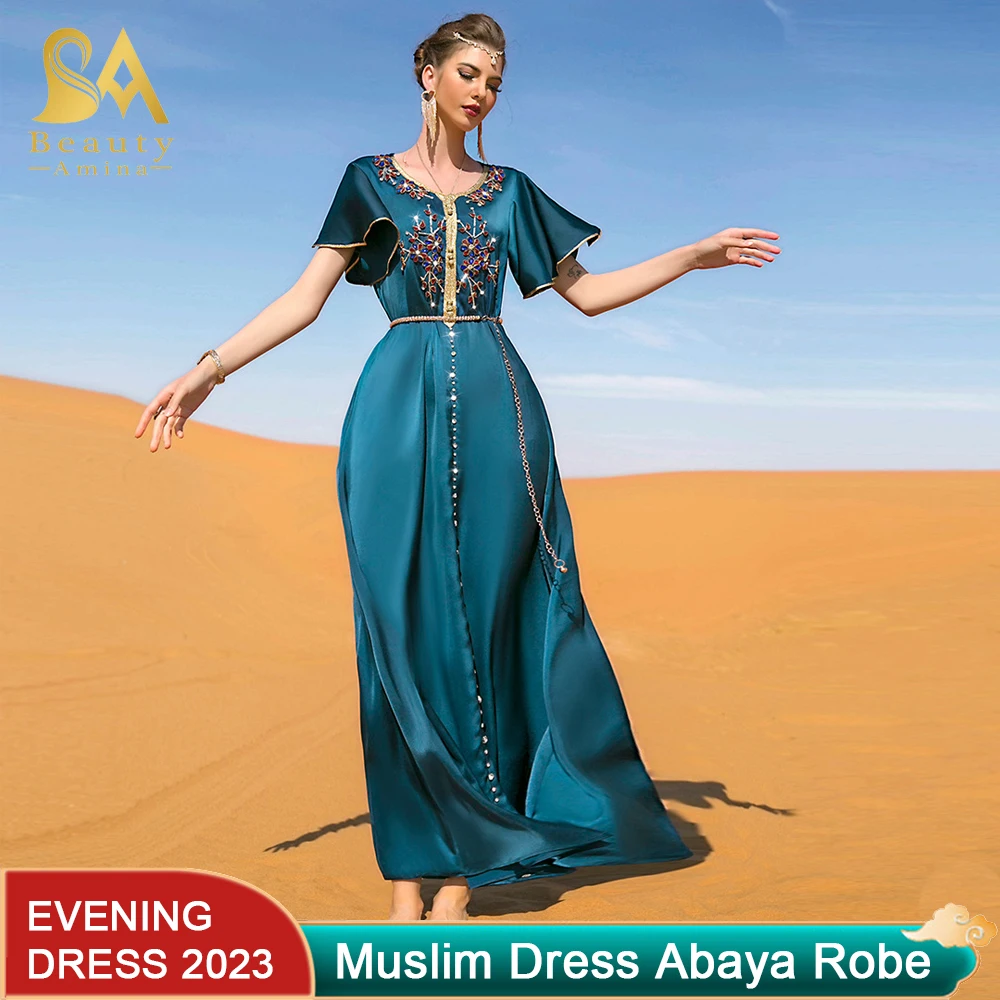 2023 Muslim Women's Hand-Sewn Short Sleeve Dress Dubai Travel Party Long Skirt Abaya Robes Ramadan Dress Long Dresses Abayat