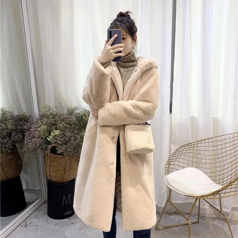 New2022 New Women Winter Faux Fur Coat Hooded Long Fur Coats Thick Warm Female Plush Plus Size Loose OverCoat