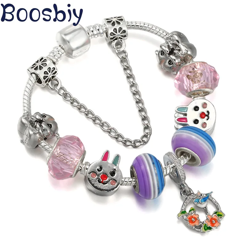 

Посеребренный весенний стильный Шарм-браслет с красочными цветами и милыми бусинами кролика Подвески «сделай сам» модные ювелирные издели...