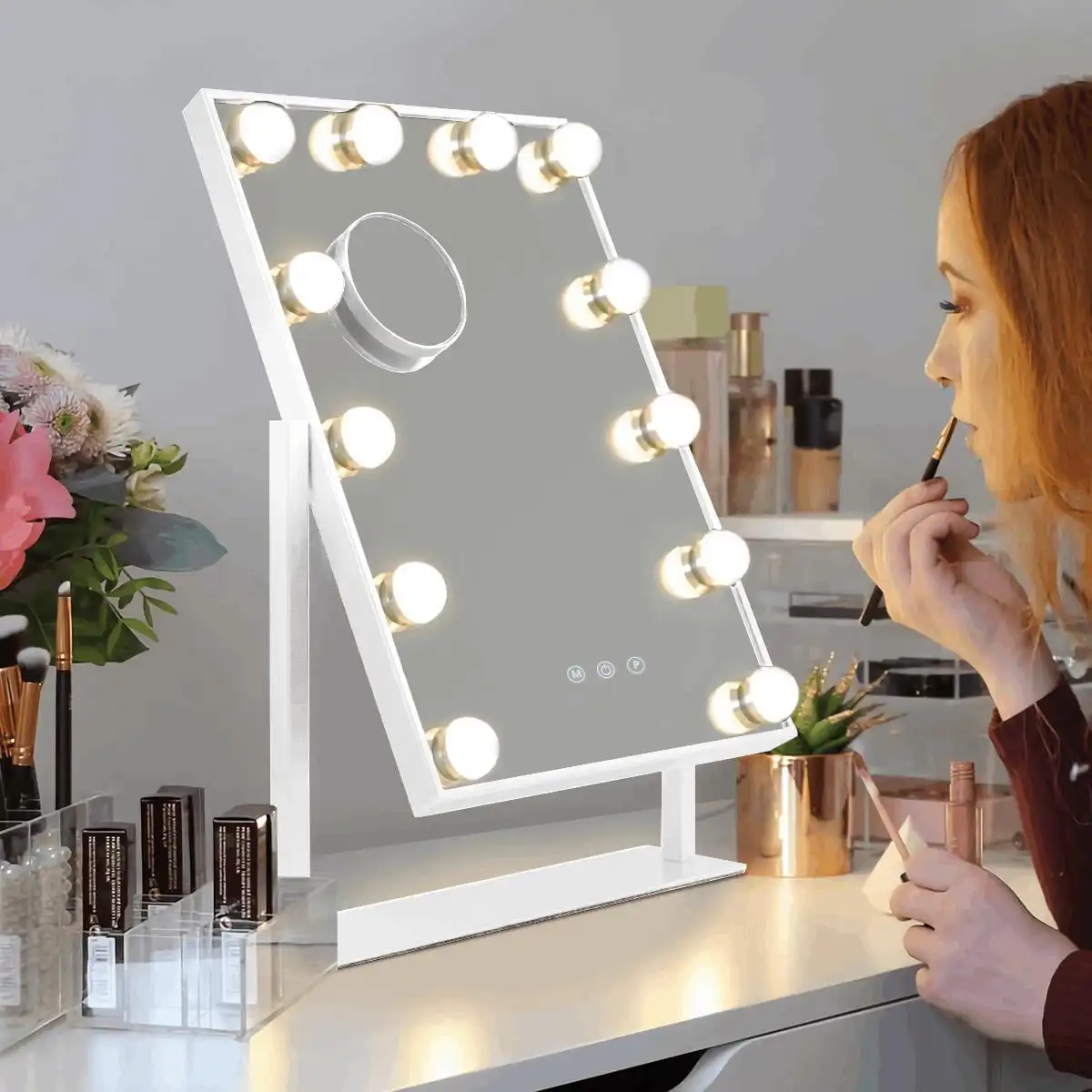 

HMTX Vanity Makeup Mirror with Lights Metal Tabletop White (14.3" x 18.7")