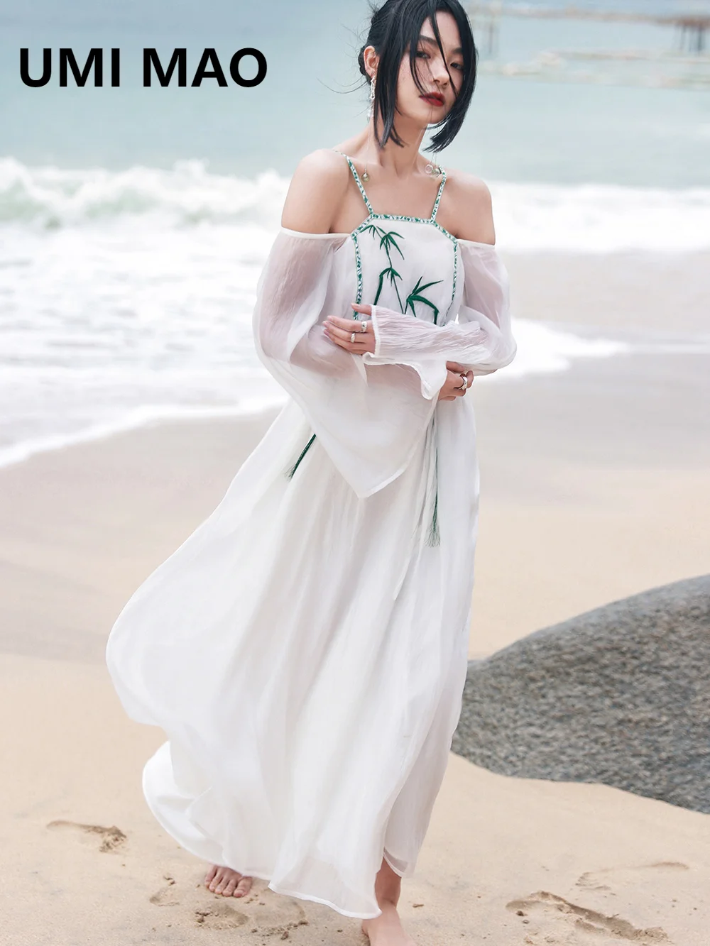 

Женское платье с открытыми плечами UMI MAO, Длинное Элегантное платье в китайском ретро-стиле с открытыми плечами, Y2K, 2023