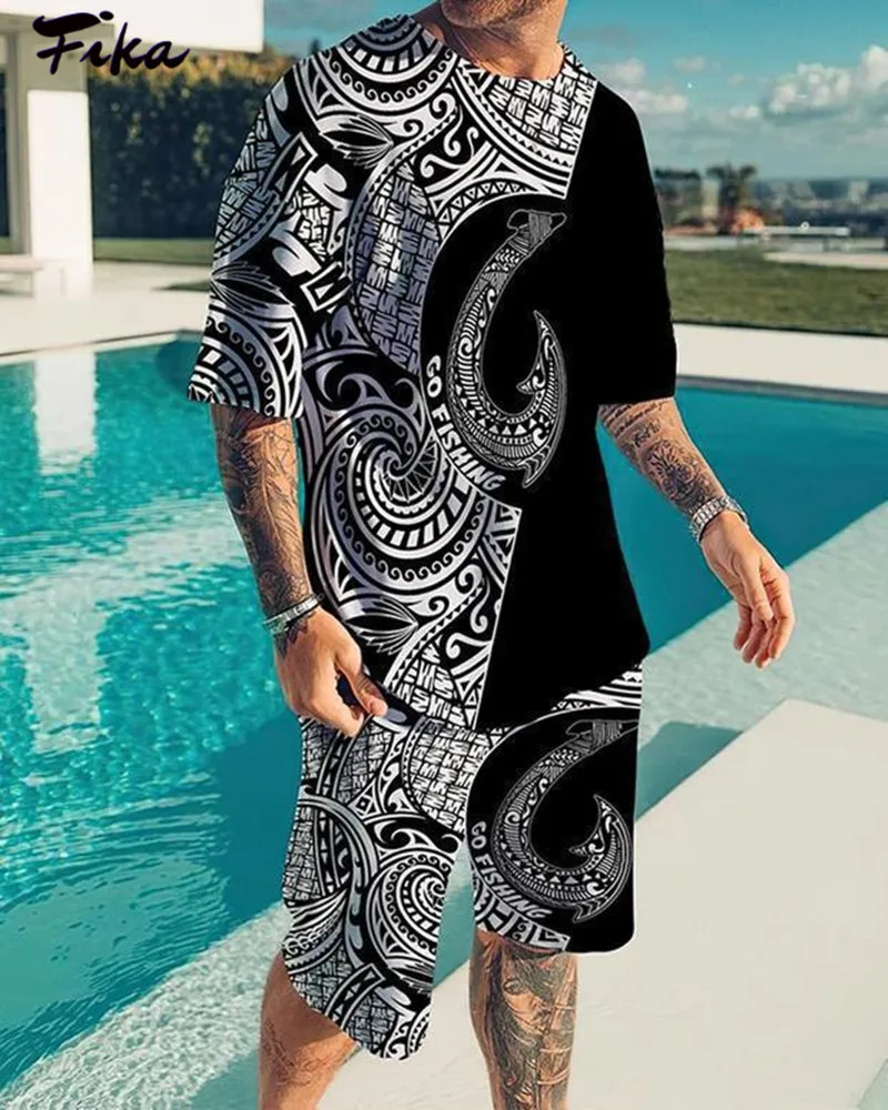 

3D Printed Short Sleeve T-shirt and Elastic Waist Shorts 2 Pieces Set Men Oversized Vintage Streetwear Tracksuit for Men 2022