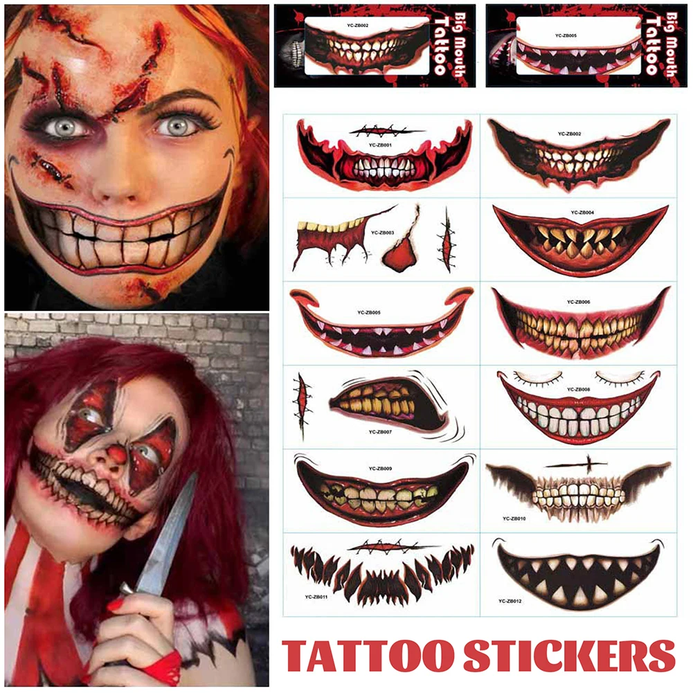 

Halloween Big Mouth Tattoo Stickers DIY Horror Lip Scratched Face Stickers Decors Day of the Dead Body Art Fake Tattoos Decals