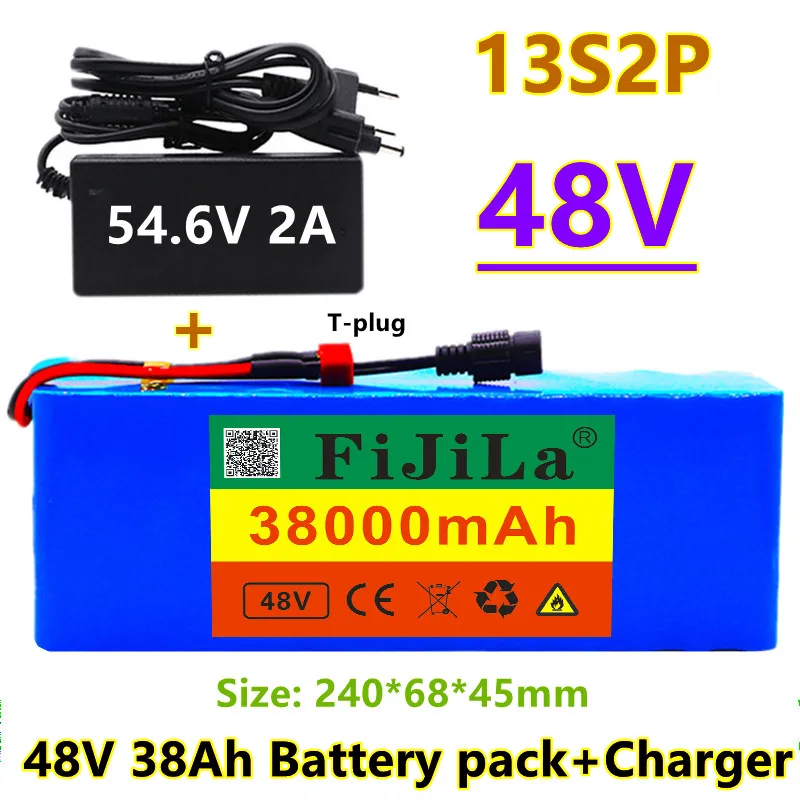 

Аккумуляторная батарея 48 в 38 а/ч 13s 2P 18650 Вт аккумуляторы высокой мощности 1000 в 54,6 мА/ч для электровелосипеда, BMS с зарядным устройством T-plug