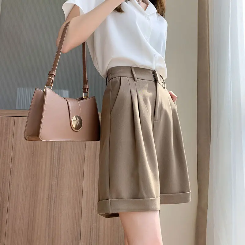 2023 Summer Causal Shorts for Women Korean High Elastic Waist Suits Loose Shorts with Pockets Zipper Short Shorts Female W32