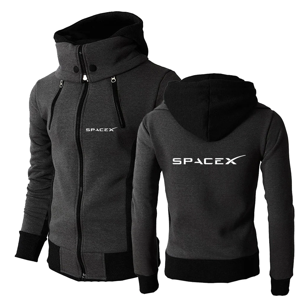 

2022 SpaceX Men's New Long Sleeves Solid Color Double Zip Hooded Sweatshirt Fashion Casual Space X Logo Print Design Jackets Top