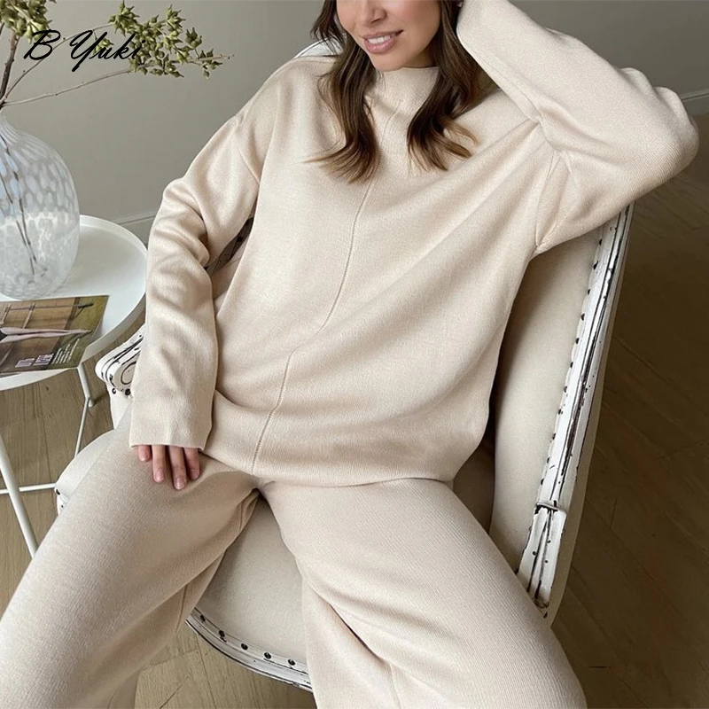 Blessyuki Loose Knitted Pullovers Sweaters Suit Women 2022 Winter Solid Split Sweater and Pants 2 Piece Female Thicken Warm Sets