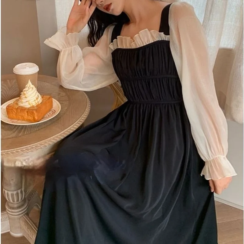 

Long Sleeve Dress Women Elegant Retro Flare Sleeve Ruffles Patchwork Lace Up Fashion Gentle Vestidos Princess Cute Sweet Pleated