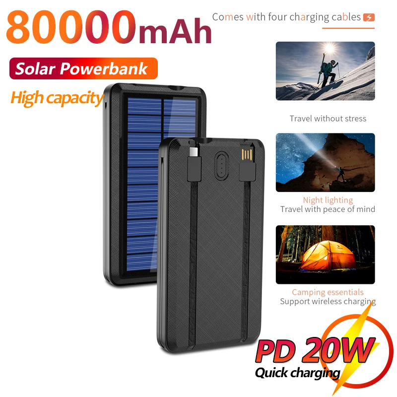 

Solar Power Bank 80000mAh Large Capacity Comes with 4 Types of Charging Cables + Dual USB Outdoor Portable External Batteries